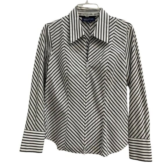 Jones New York Signature Tops - Jones New York Signature Women’s Black & White Striped Zip-Up Shirt Long Sleeve